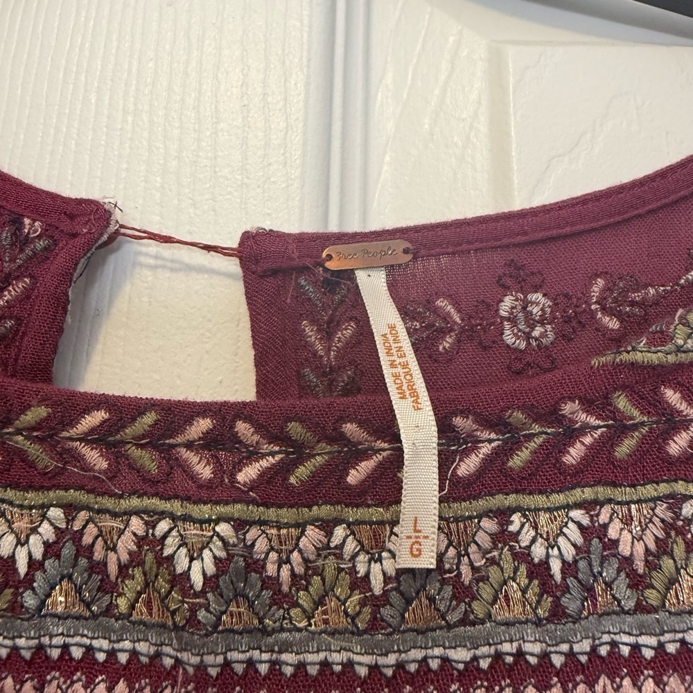 Free People Burgundy Embroidered Boho Dress Size Large - Picture 6 of 12